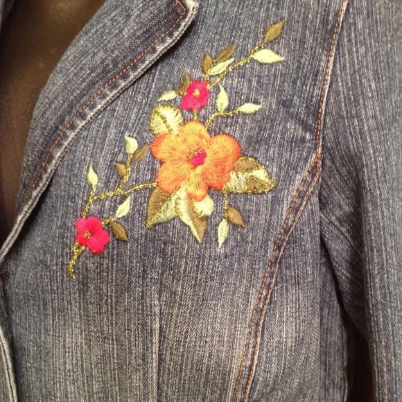 Jean Jacket Blazer Mod Flowers Boho Jean Jacket - Picture 7 of 9